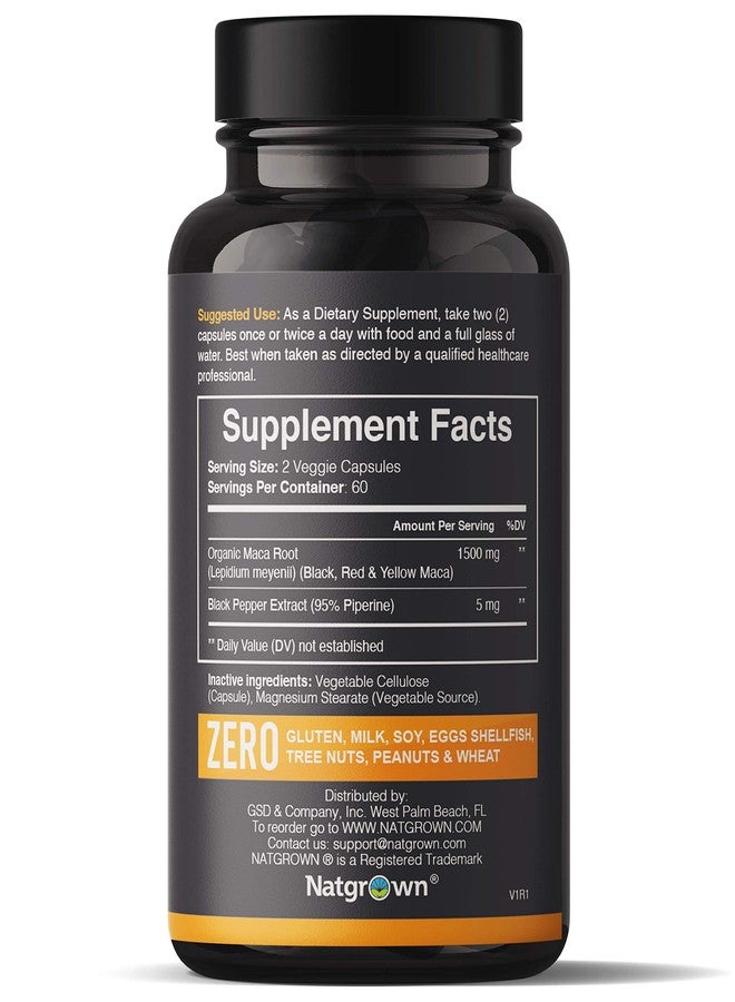 Natgrown Organic Maca Root Capsules 1500mg | Black, Red & Yellow Peruvian Maca | Vegan, Non-GMO, Gluten-Free | 120 Count - Image 2